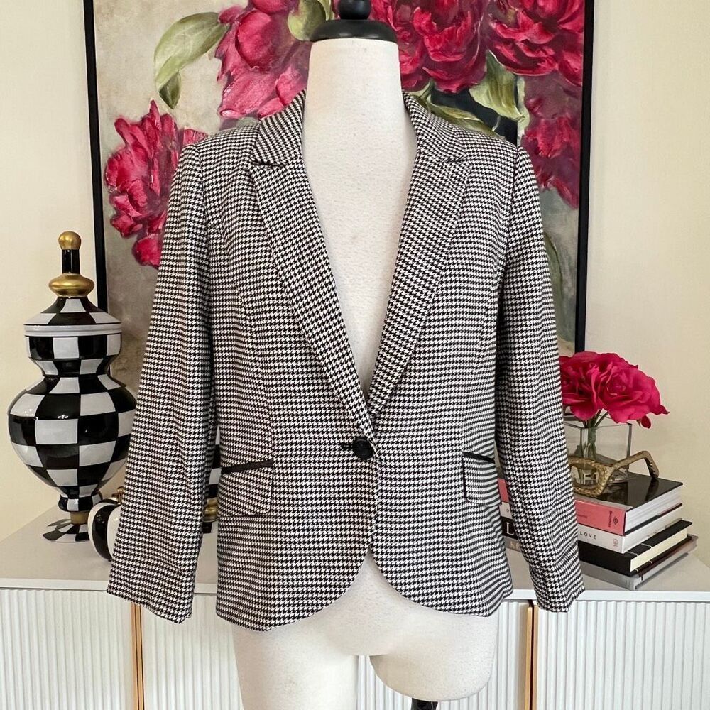 White House Black Market Womens One Button Houndstooth Blazer Black White Size 4